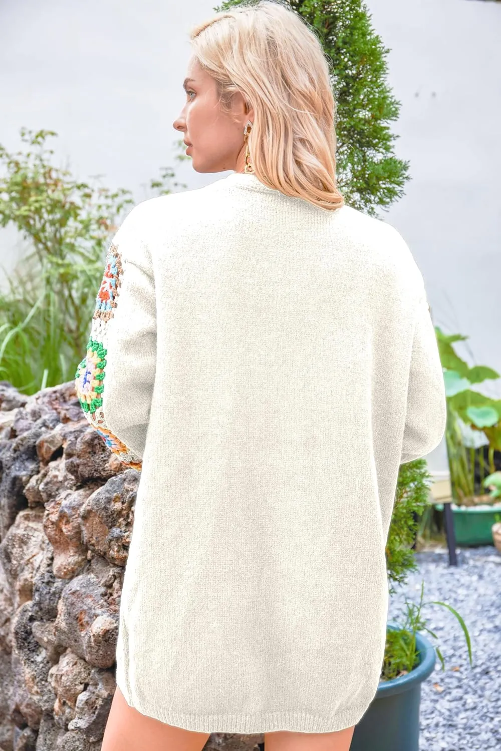 2024 Boho Floral Pattern Crochet Open Front Long Sleeve Casual Knit Cardigan Sweater