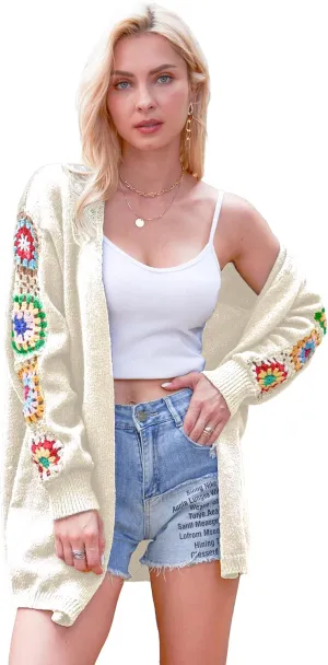 2024 Boho Floral Pattern Crochet Open Front Long Sleeve Casual Knit Cardigan Sweater