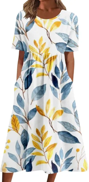 2025 Summer Dresses for Women Short Sleeve Sundress Casual Round Neck Cute Floral Print Pleated Beach Dress