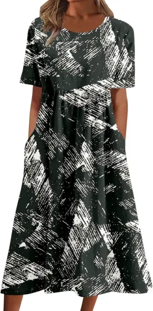 2025 Summer Dresses for Women Short Sleeve Sundress Casual Round Neck Cute Floral Print Pleated Beach Dress