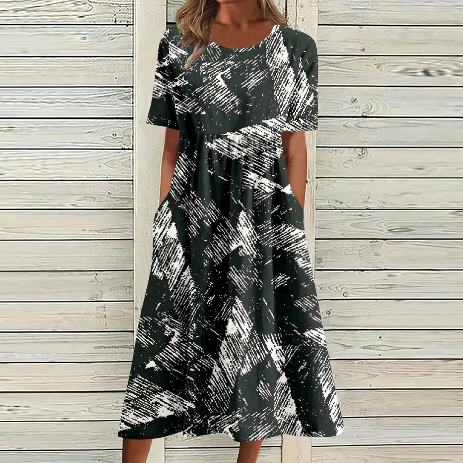 2025 Summer Dresses for Women Short Sleeve Sundress Casual Round Neck Cute Floral Print Pleated Beach Dress