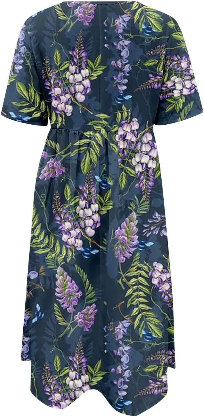 2025 Summer Dresses for Women Short Sleeve Sundress Casual Round Neck Cute Floral Print Pleated Beach Dress