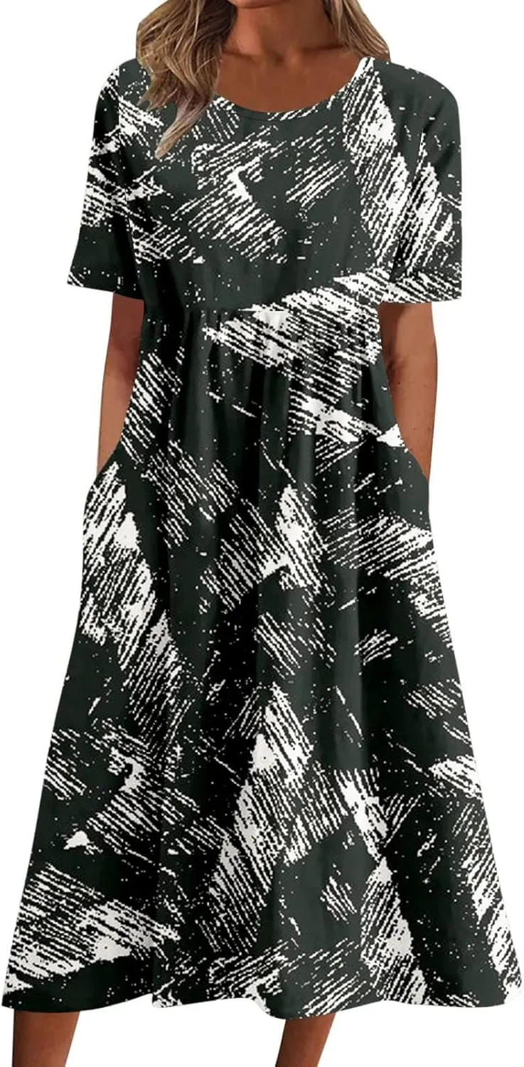 2025 Summer Dresses for Women Short Sleeve Sundress Casual Round Neck Cute Floral Print Pleated Beach Dress