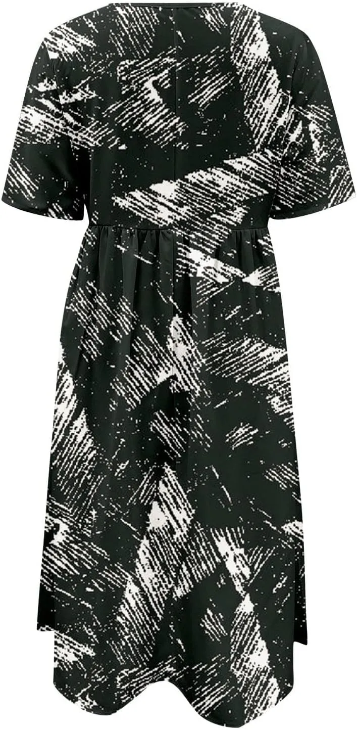 2025 Summer Dresses for Women Short Sleeve Sundress Casual Round Neck Cute Floral Print Pleated Beach Dress