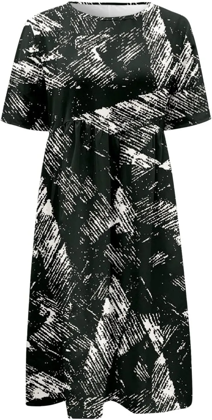 2025 Summer Dresses for Women Short Sleeve Sundress Casual Round Neck Cute Floral Print Pleated Beach Dress
