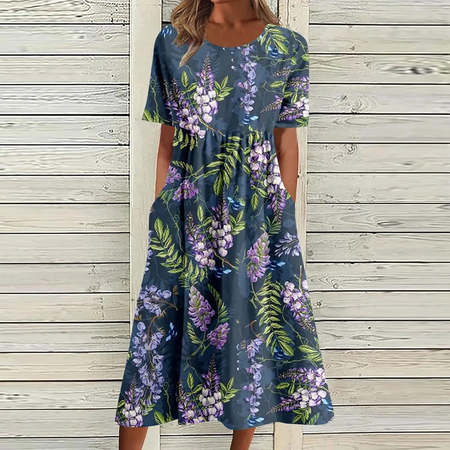 2025 Summer Dresses for Women Short Sleeve Sundress Casual Round Neck Cute Floral Print Pleated Beach Dress
