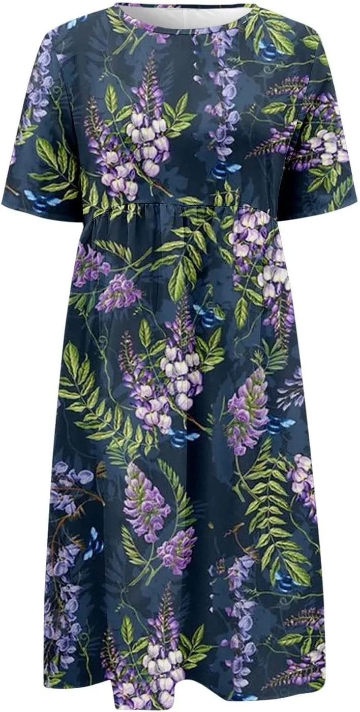 2025 Summer Dresses for Women Short Sleeve Sundress Casual Round Neck Cute Floral Print Pleated Beach Dress