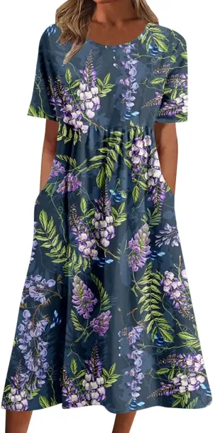 2025 Summer Dresses for Women Short Sleeve Sundress Casual Round Neck Cute Floral Print Pleated Beach Dress