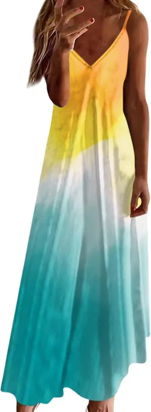 2025 Womens Summer Dresses Color Block Spaghetti Strap Swing Beach Dress Casual V-Neck Pleated Sleeveless Sundress