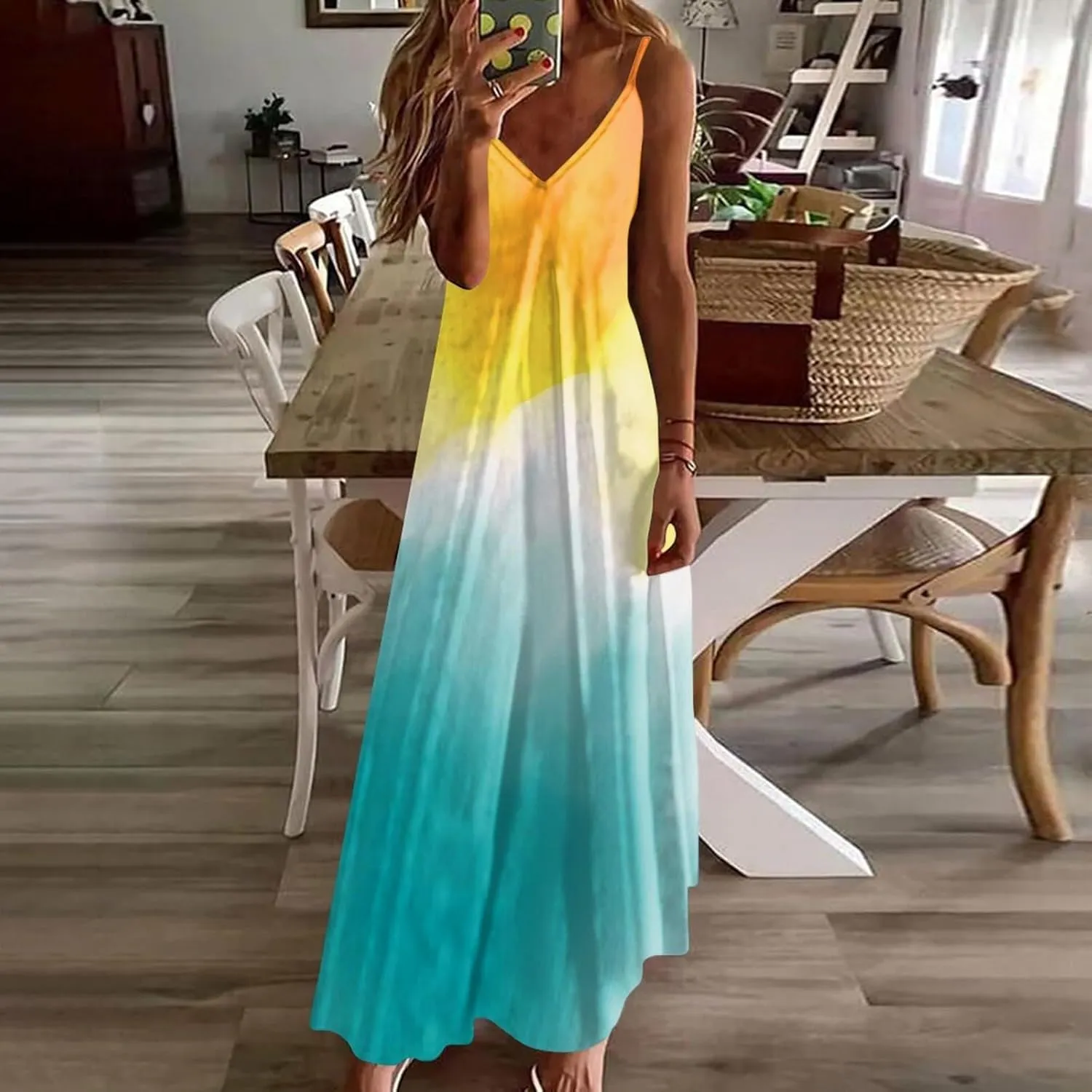 2025 Womens Summer Dresses Color Block Spaghetti Strap Swing Beach Dress Casual V-Neck Pleated Sleeveless Sundress