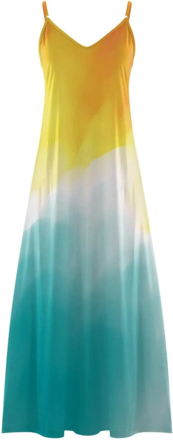 2025 Womens Summer Dresses Color Block Spaghetti Strap Swing Beach Dress Casual V-Neck Pleated Sleeveless Sundress