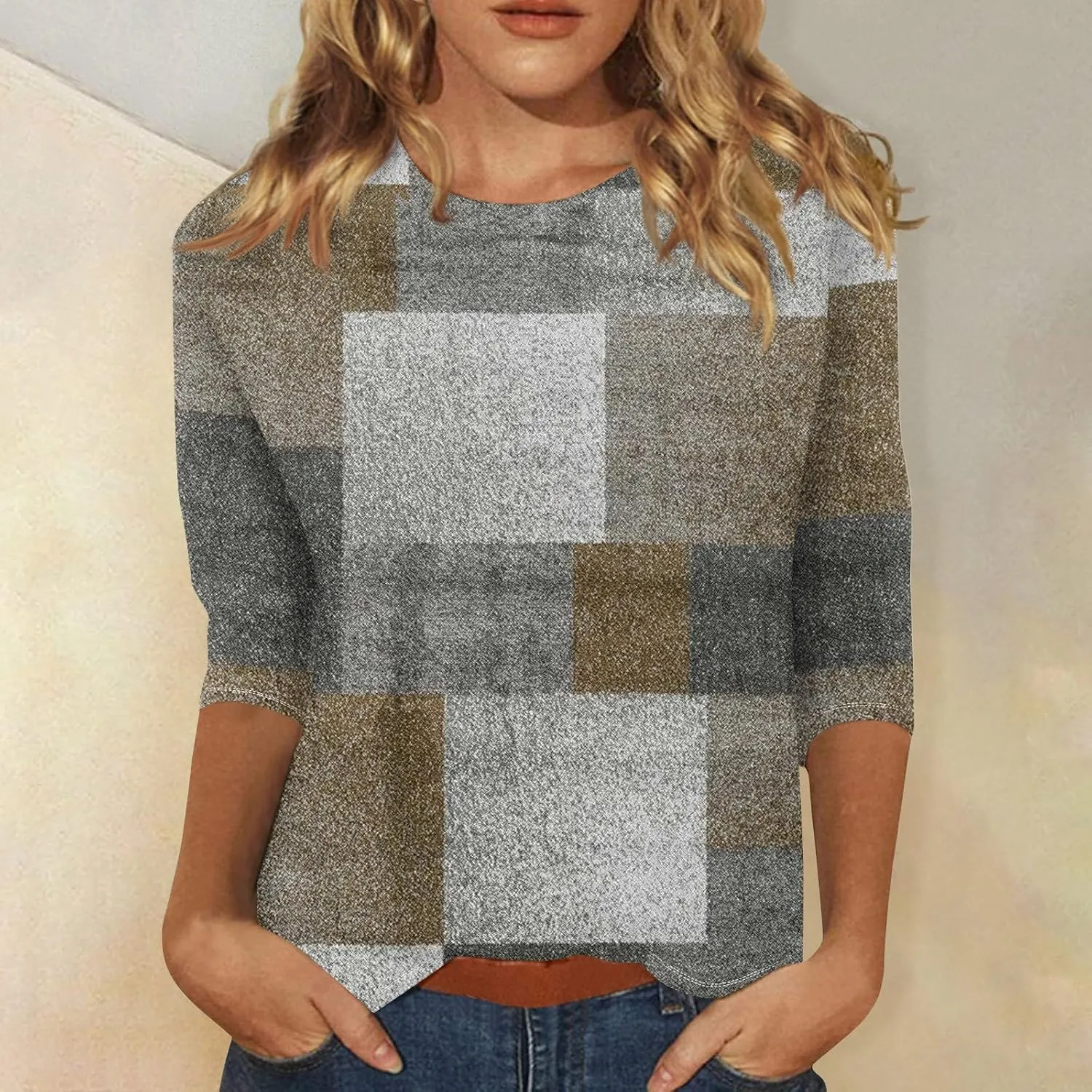 3/4 Length Sleeve Womens Tops 2025 Summer Round Neck Shirts Three Quarter Sleeve Tshirts
