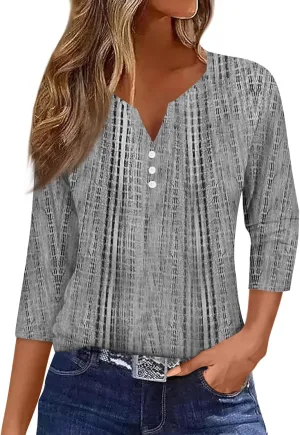 3/4 Length Sleeve Womens Tops Casual V-Neck Button Down Blouse Ladies Top for Spring and Summer Fashion Outfit
