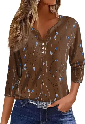 3/4 Length Sleeve Womens Tops Casual V-Neck Button Down Blouse Ladies Top for Spring and Summer Fashion Outfit