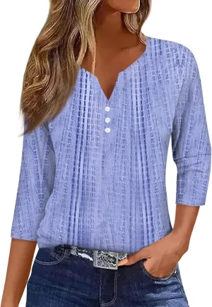 3/4 Length Sleeve Womens Tops Casual V-Neck Button Down Blouse Ladies Top for Spring and Summer Fashion Outfit