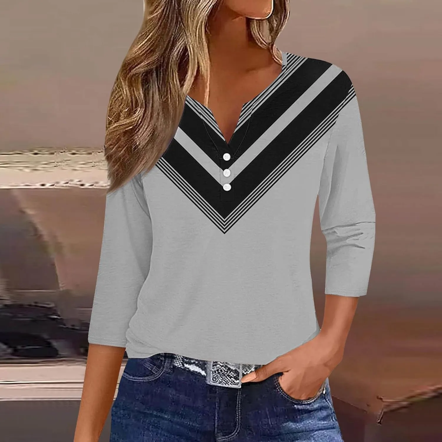 3/4 Length Sleeve Womens Tops Casual V-Neck Button Down Blouse Ladies Top for Spring and Summer Fashion Outfit