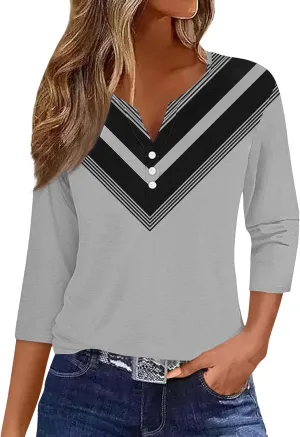 3/4 Length Sleeve Womens Tops Casual V-Neck Button Down Blouse Ladies Top for Spring and Summer Fashion Outfit