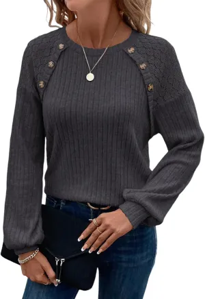 Acelitt Womens Fall Long Sleeve Tunic Tops Casual Crew Neck Dressy Shirt Lace Patchwork Blouses Pullover Sweaters