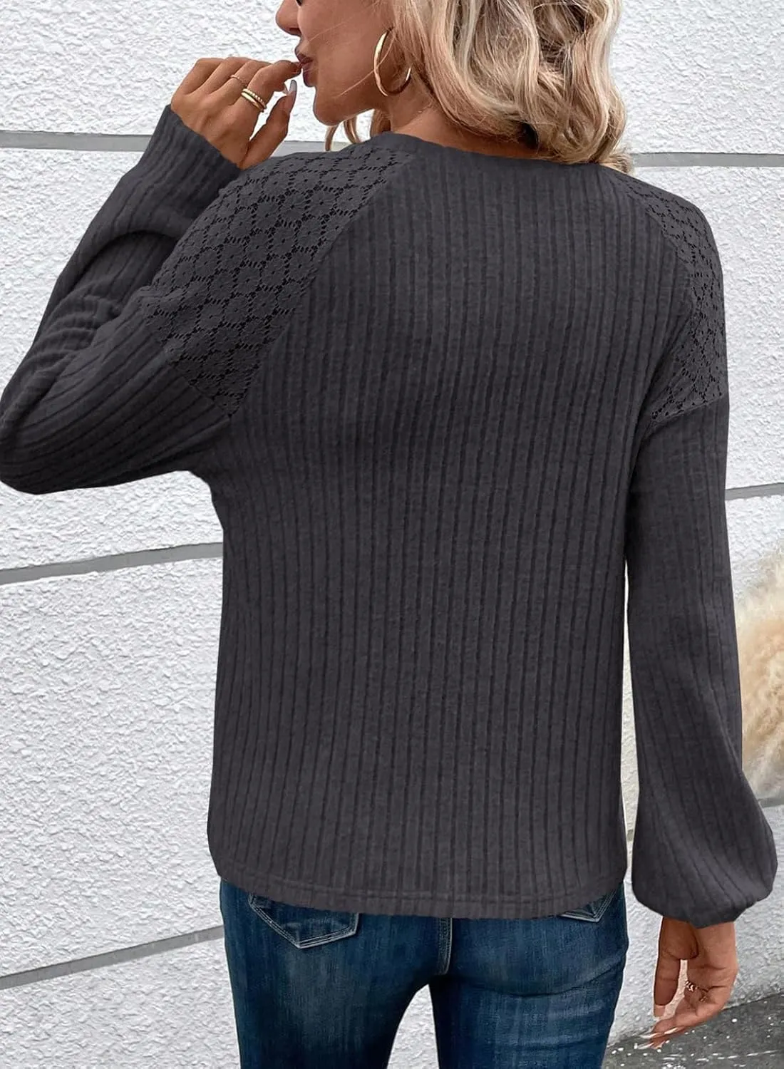 Acelitt Womens Fall Long Sleeve Tunic Tops Casual Crew Neck Dressy Shirt Lace Patchwork Blouses Pullover Sweaters