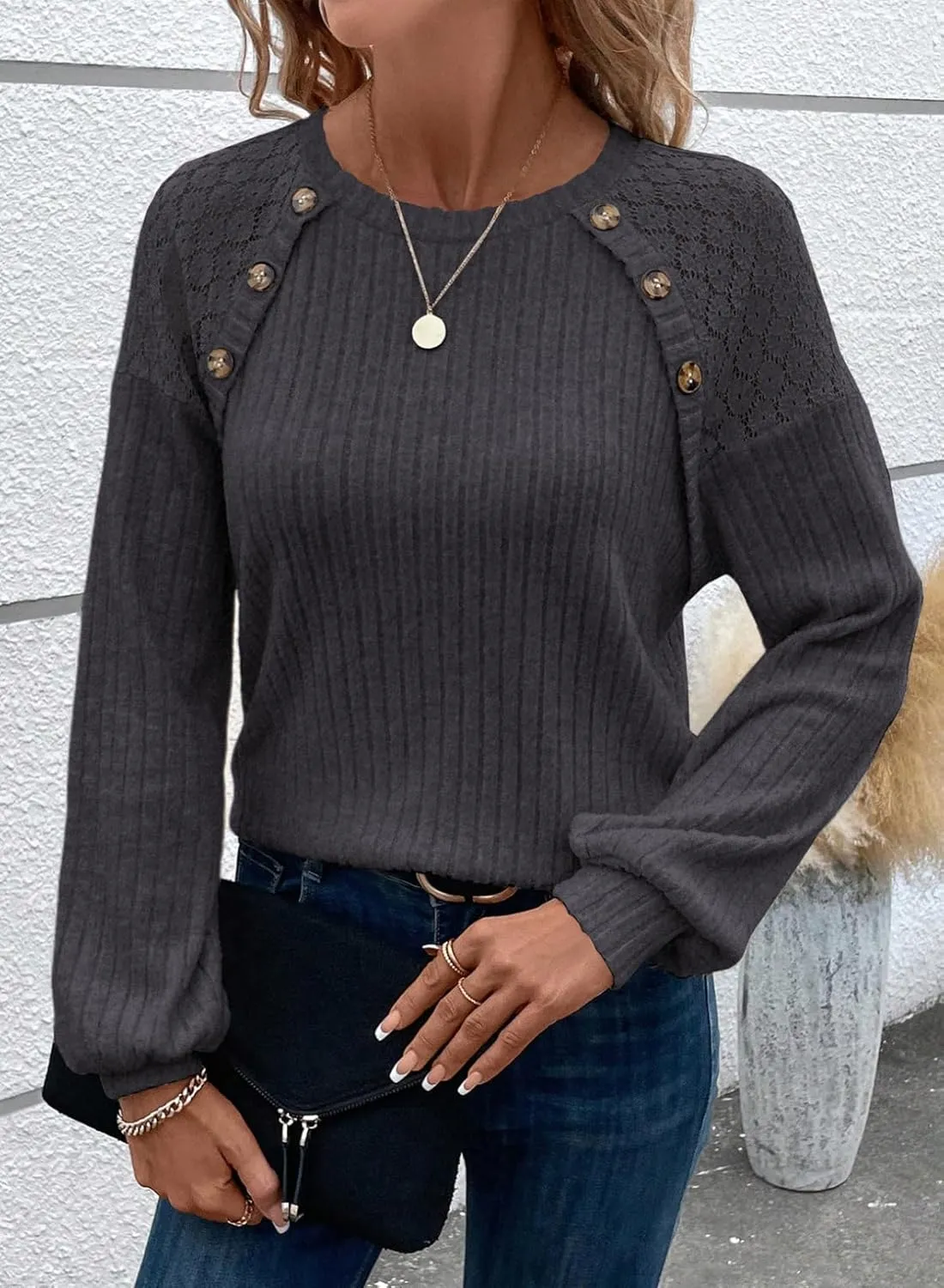 Acelitt Womens Fall Long Sleeve Tunic Tops Casual Crew Neck Dressy Shirt Lace Patchwork Blouses Pullover Sweaters