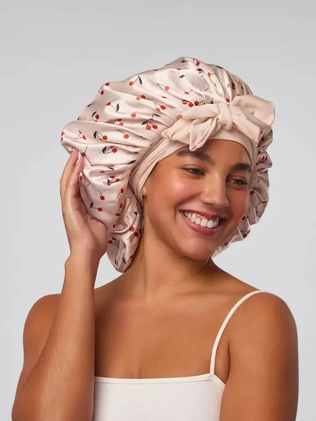 Adjustable Oversized Satin Bonnet- Cherry Print
