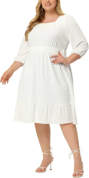 Agnes Orinda Plus Size Midi Dresses for Women Vintage Square Neck Swiss Dots Boho Chiffon Dress 2023