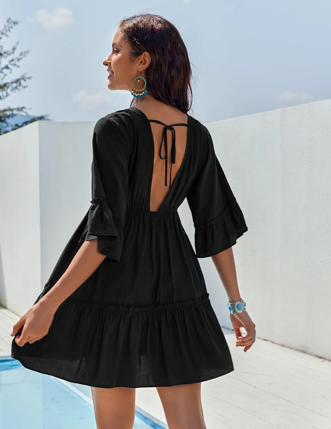 AI'MAGE Women's Swimsuit Cover Ups Dress V Neck Casual Tunic Bathing Suit Beach Mini Dress S-3XL