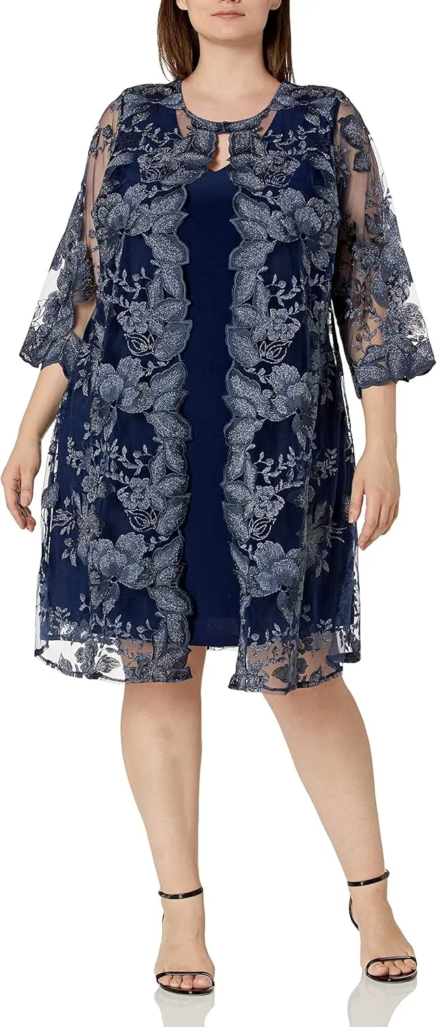 Alex Evenings Women's Plus Size Midi Scoop Neck Shift Dress with Jacket