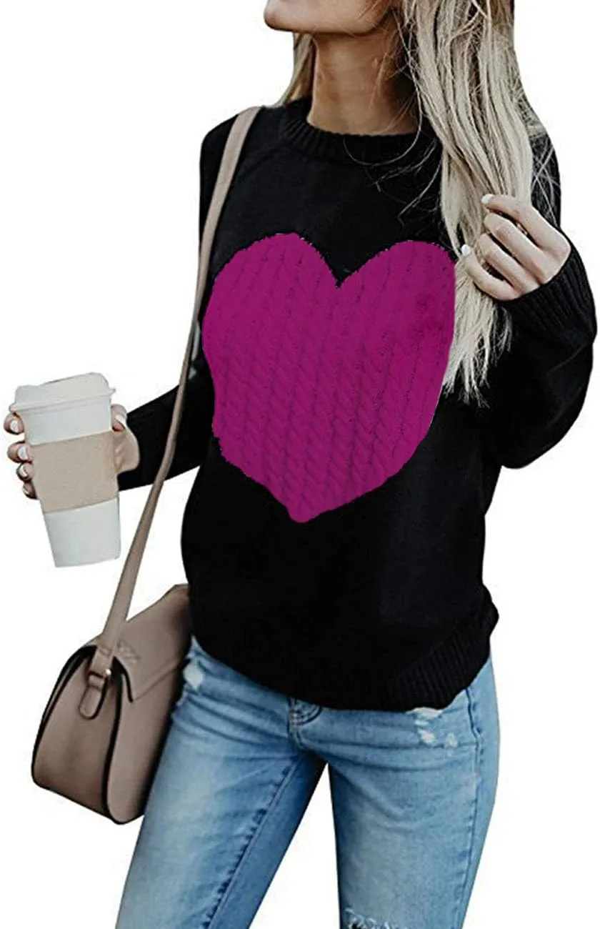 Alsol Lamesa Women's Cute Heart Sweater Long Sleeve Crewneck Pullover Ribbed Knit Casual Sweaters