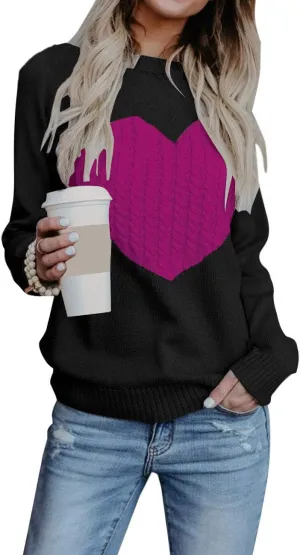 Alsol Lamesa Women's Cute Heart Sweater Long Sleeve Crewneck Pullover Ribbed Knit Casual Sweaters