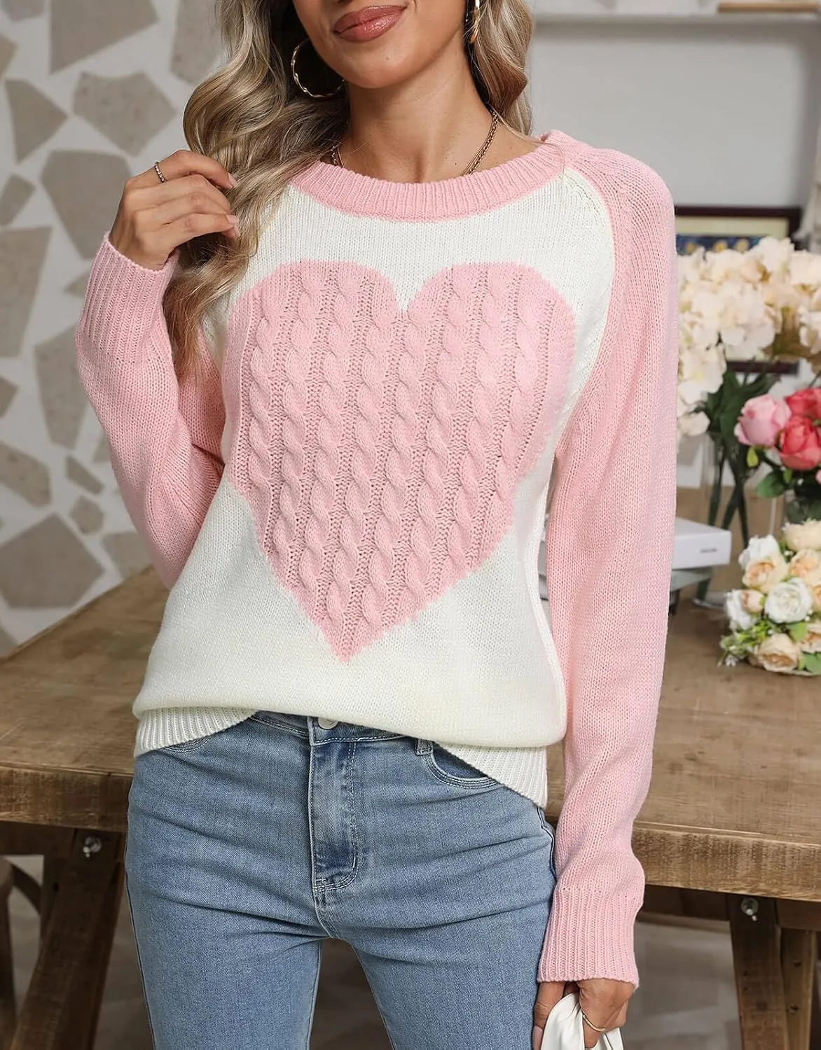Alsol Lamesa Women's Cute Heart Sweater Long Sleeve Crewneck Pullover Ribbed Knit Casual Sweaters