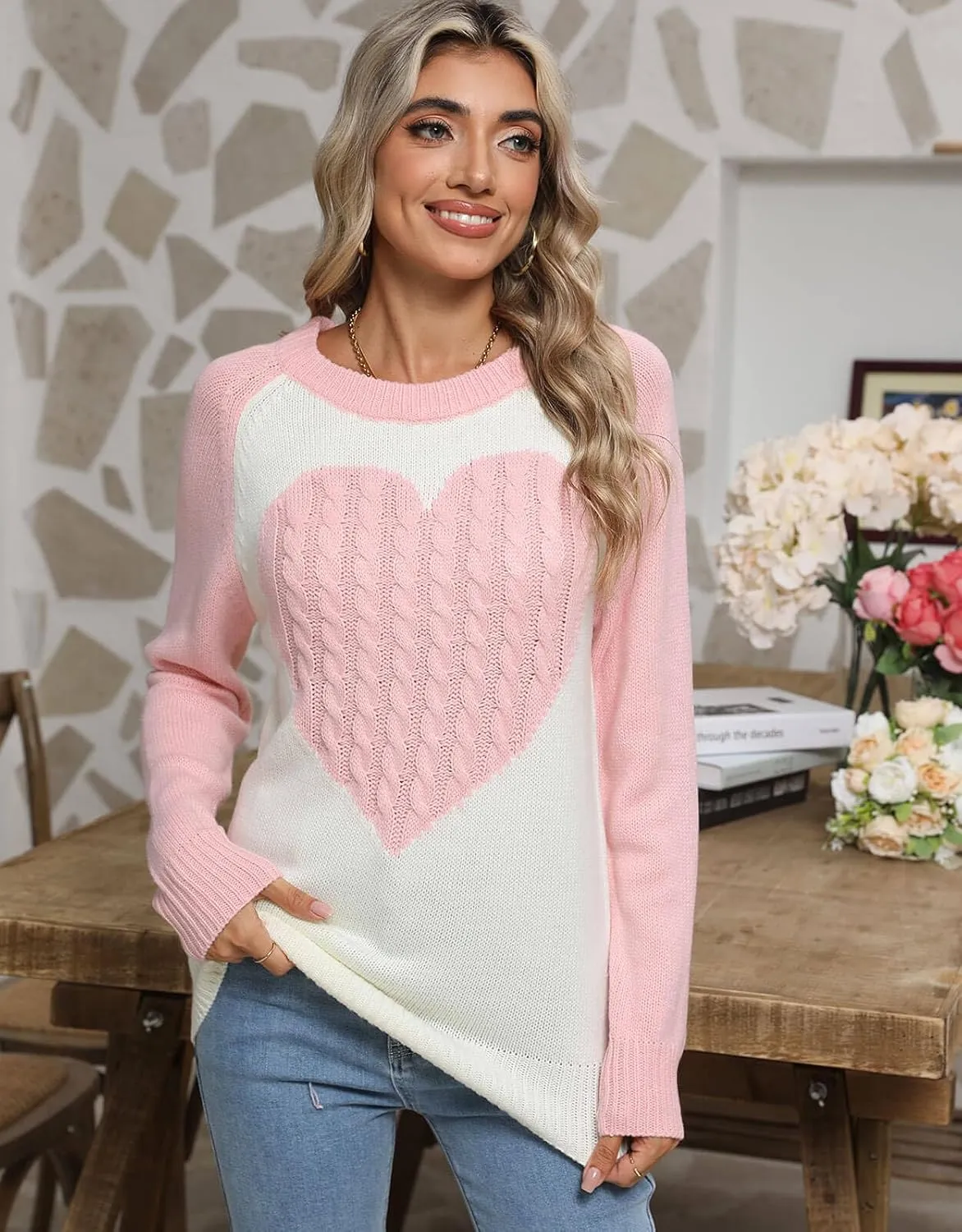 Alsol Lamesa Women's Cute Heart Sweater Long Sleeve Crewneck Pullover Ribbed Knit Casual Sweaters