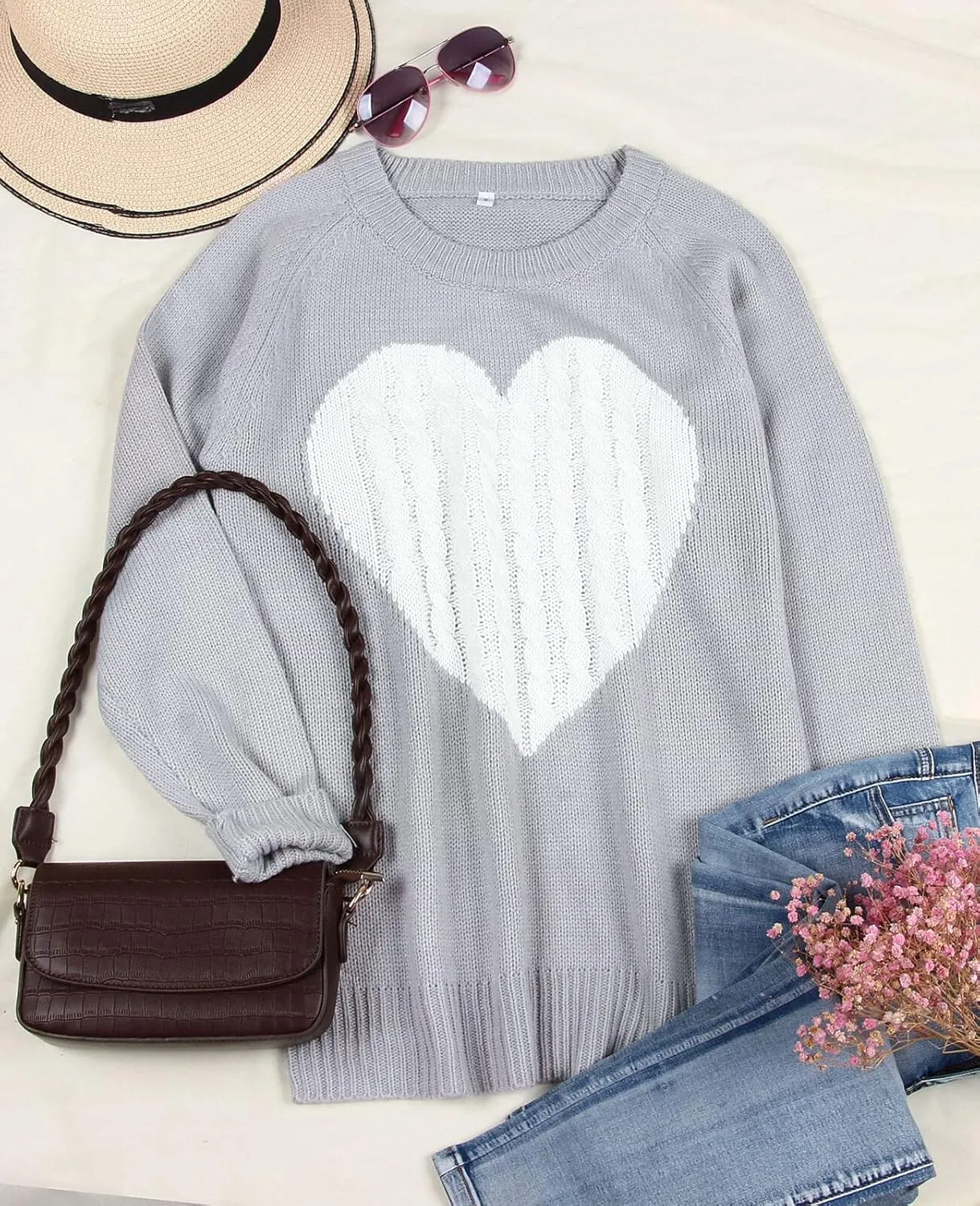Alsol Lamesa Women's Cute Heart Sweater Long Sleeve Crewneck Pullover Ribbed Knit Casual Sweaters