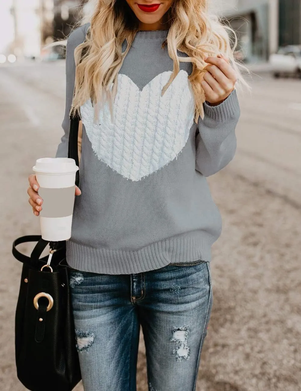 Alsol Lamesa Women's Cute Heart Sweater Long Sleeve Crewneck Pullover Ribbed Knit Casual Sweaters