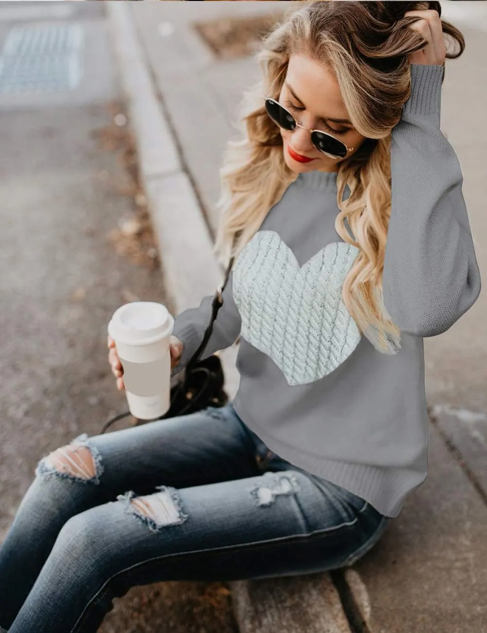 Alsol Lamesa Women's Cute Heart Sweater Long Sleeve Crewneck Pullover Ribbed Knit Casual Sweaters