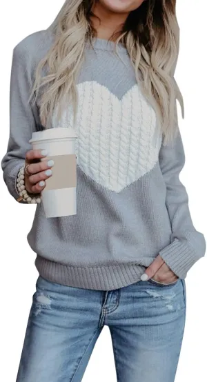 Alsol Lamesa Women's Cute Heart Sweater Long Sleeve Crewneck Pullover Ribbed Knit Casual Sweaters