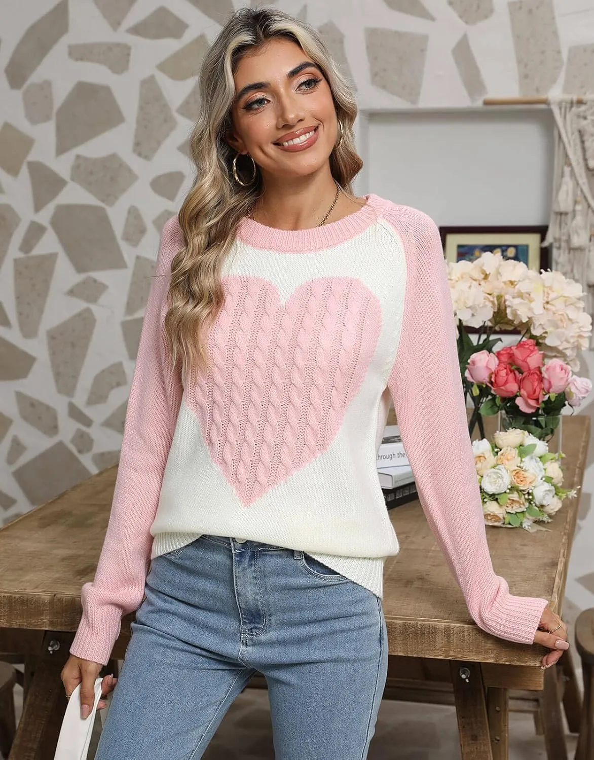Alsol Lamesa Women's Cute Heart Sweater Long Sleeve Crewneck Pullover Ribbed Knit Casual Sweaters