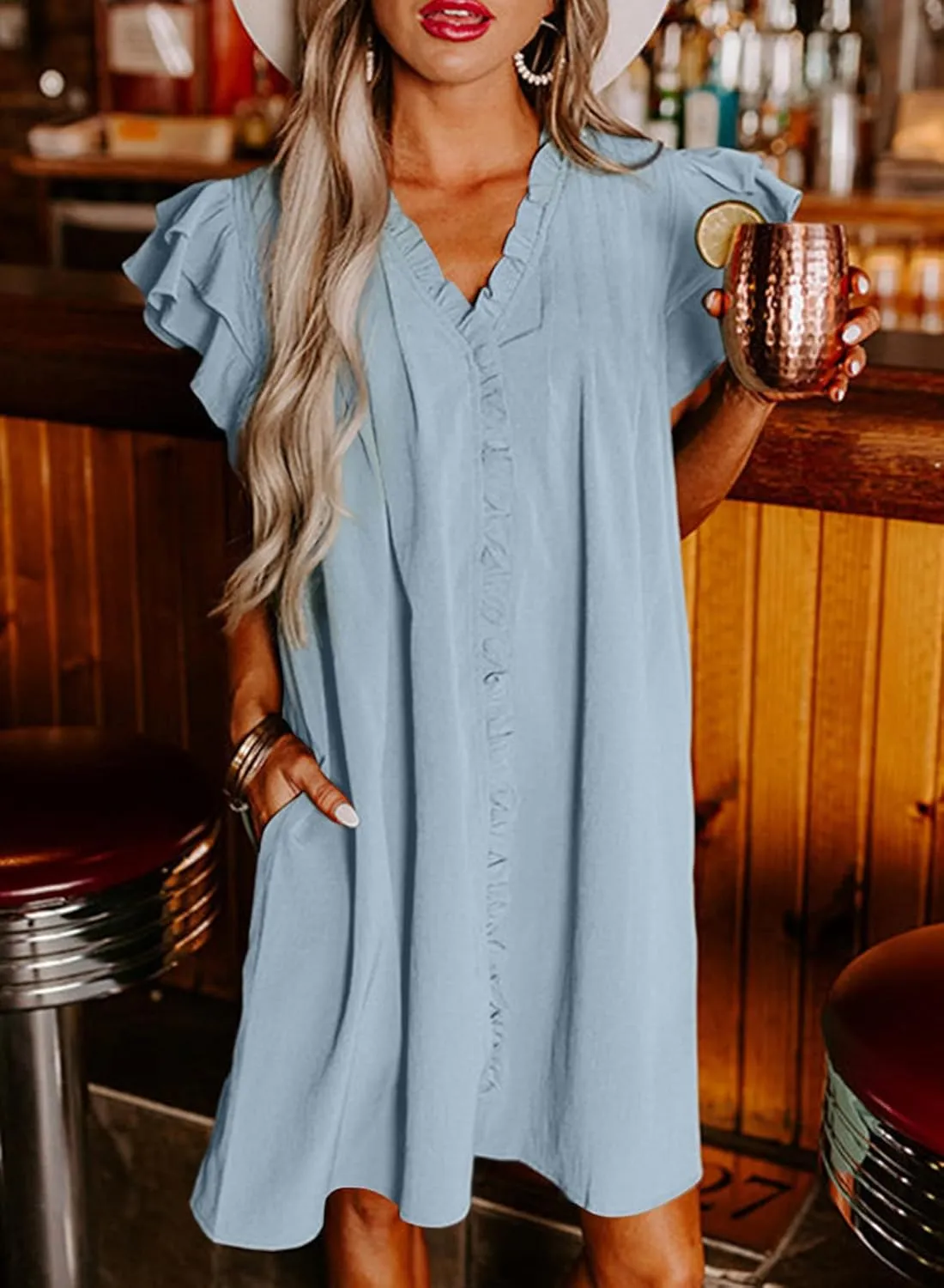 AlvaQ Womens Summer Dresses 2025 V Neck Ruffle Cap Short Sleeve Mini Dress Casual Flowy Pleated A Line Sundress with Pockets
