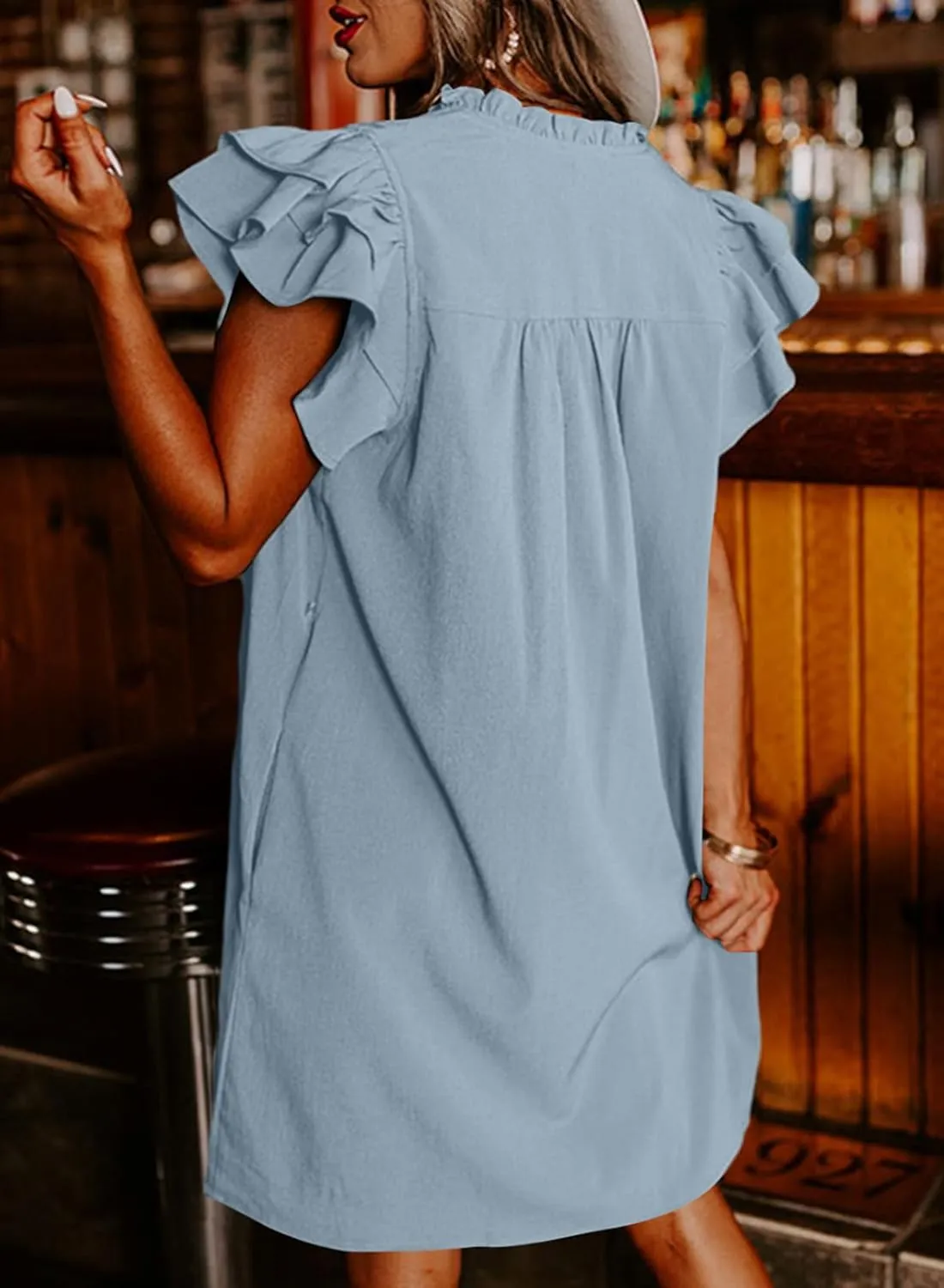 AlvaQ Womens Summer Dresses 2025 V Neck Ruffle Cap Short Sleeve Mini Dress Casual Flowy Pleated A Line Sundress with Pockets