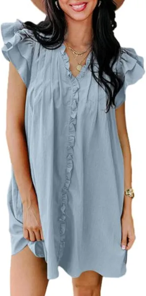 AlvaQ Womens Summer Dresses 2025 V Neck Ruffle Cap Short Sleeve Mini Dress Casual Flowy Pleated A Line Sundress with Pockets