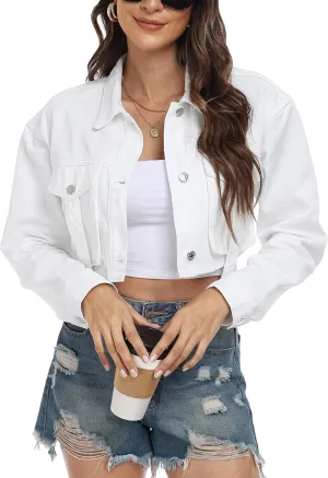 andy & natalie Womens Jean Jacket Cropped Fashion Button Down Denim Jackets Short Shacket Outfit