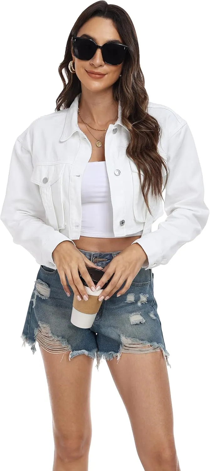 andy & natalie Womens Jean Jacket Cropped Fashion Button Down Denim Jackets Short Shacket Outfit
