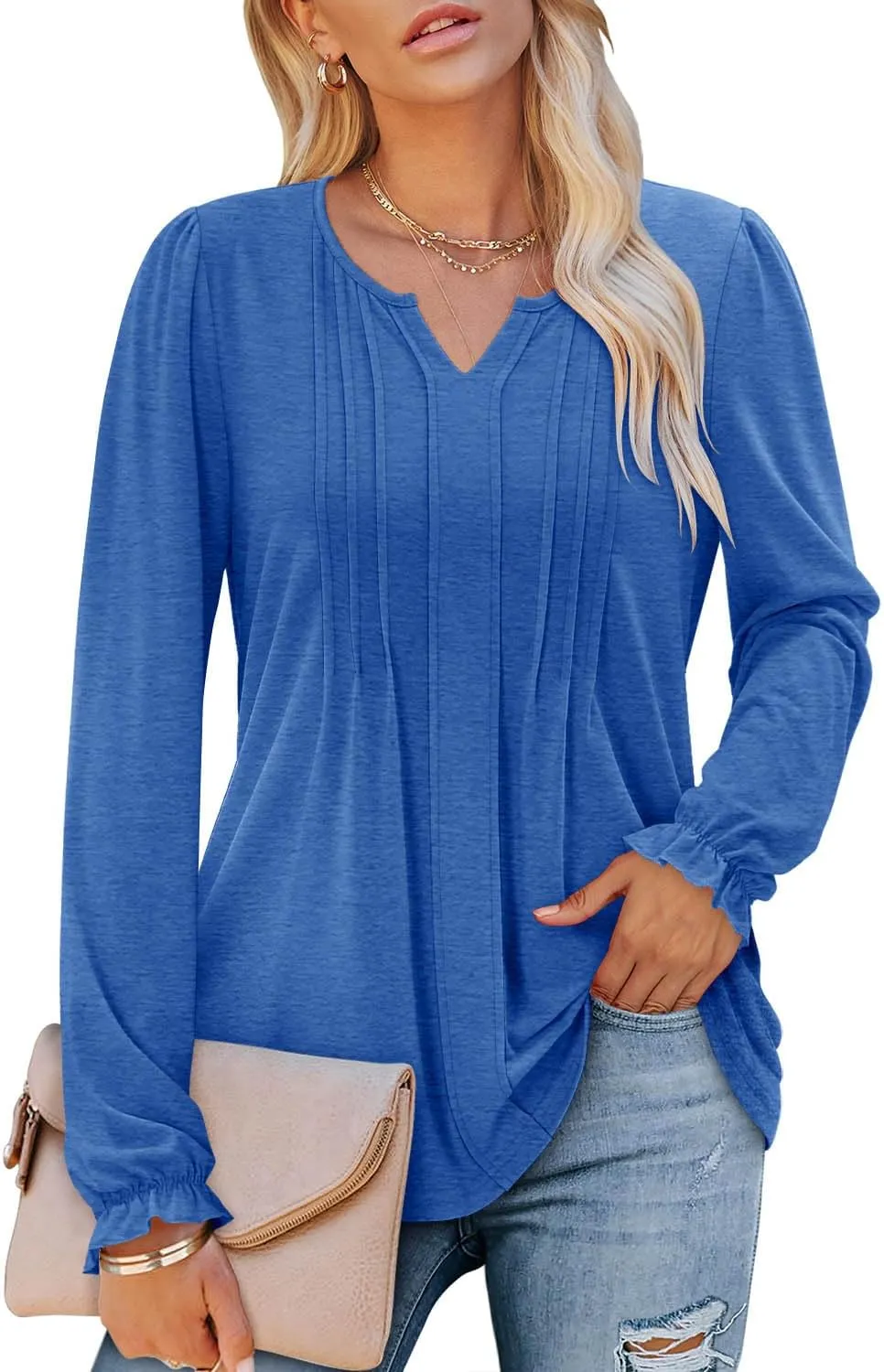 Angerella Long Sleeve Shirts for Women Comfy V Neck Fall Tops Dressy Casual Blouses Trendy Tunic Tops for Leggings S-3XL