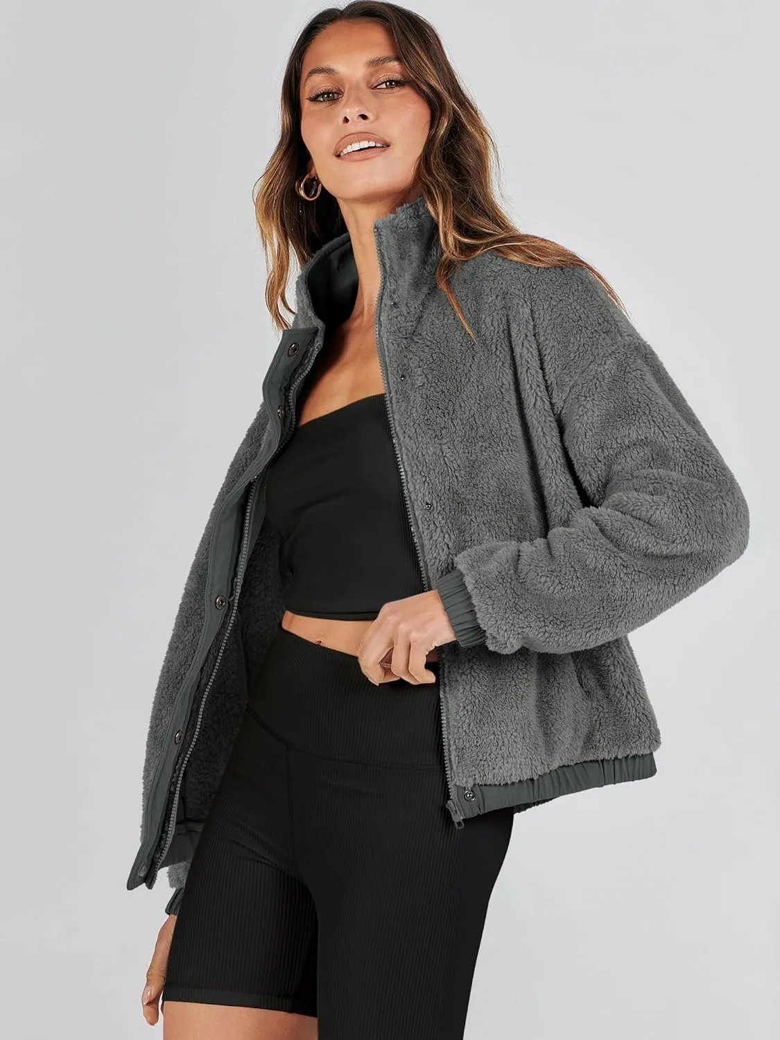 ANRABESS Womens Fleece Jacket Casual Long Sleeve Cropped Sherpa Button Down Fuzzy Warm Coats Fall Outwear With Pockets