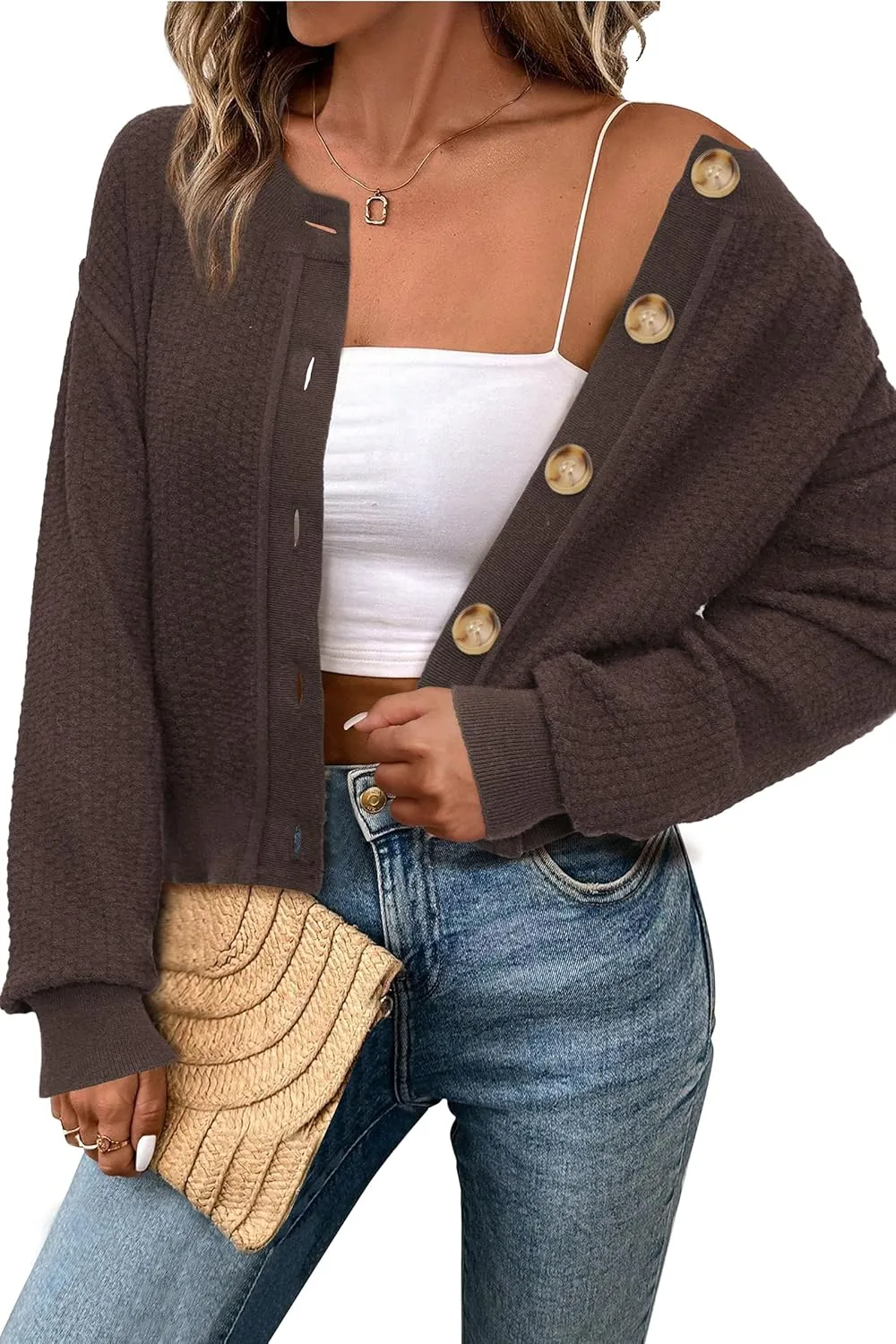 Arach&Cloz Womens Waffle Cropped Cardigan Ultra Stretchy 2025 Spring Soft Chunky Button Business Casual Sweaters