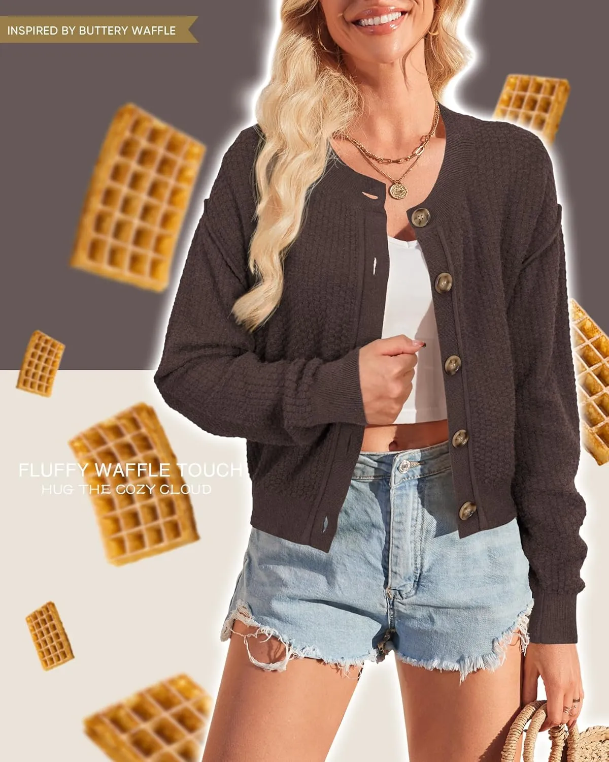Arach&Cloz Womens Waffle Cropped Cardigan Ultra Stretchy 2025 Spring Soft Chunky Button Business Casual Sweaters
