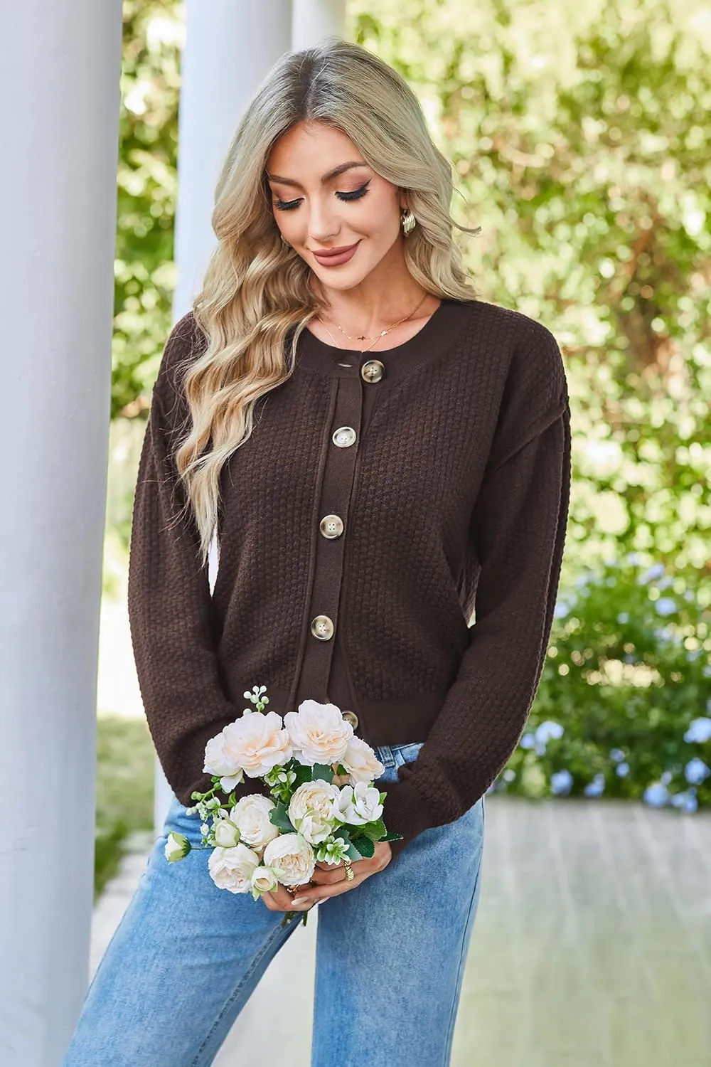 Arach&Cloz Womens Waffle Cropped Cardigan Ultra Stretchy 2025 Spring Soft Chunky Button Business Casual Sweaters