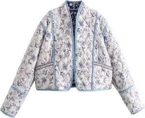 Arssm Women Floral Quilted Puffer Jacket Cropped Lightweight Patchwork Vintage Padded Short Coat Outerwear