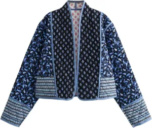 Arssm Women Floral Quilted Puffer Jacket Cropped Lightweight Patchwork Vintage Padded Short Coat Outerwear