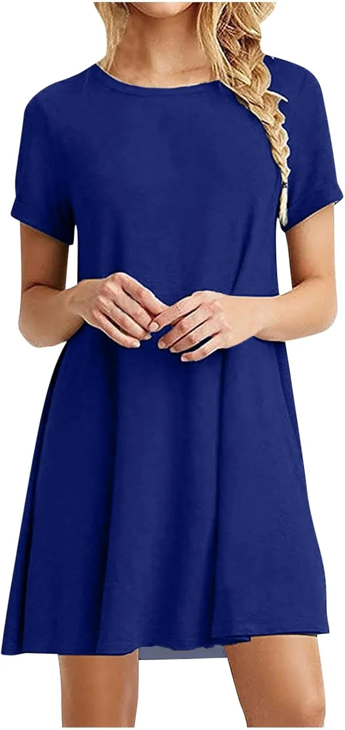 Aymnlox Women's 2025 Spring Summer Casual Maxi Dresses Short Sleeve Round Neck Ruffle Swing Beach Vacation Sundress